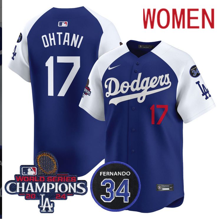 Women MLB Los Angeles Dodgers #17 Ohtani blue 2024 World Series Champions Patch Limited Jersey->women mlb jersey->Women Jersey
